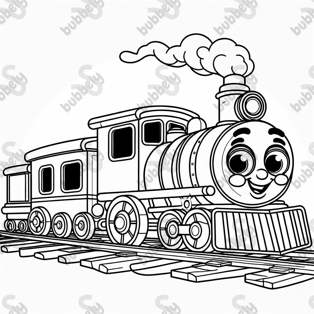 A locomotive with eyes and a smiling mouth