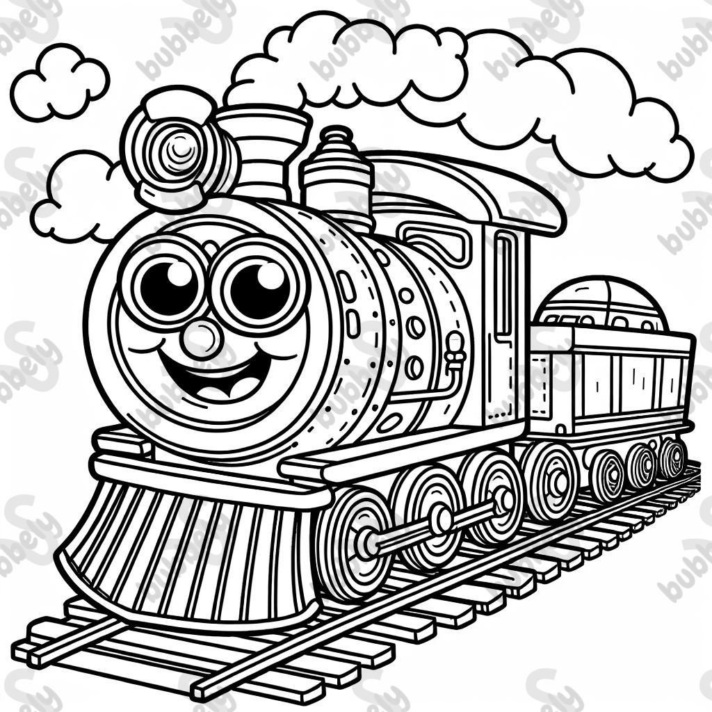 A locomotive with eyes and a smiling mouth