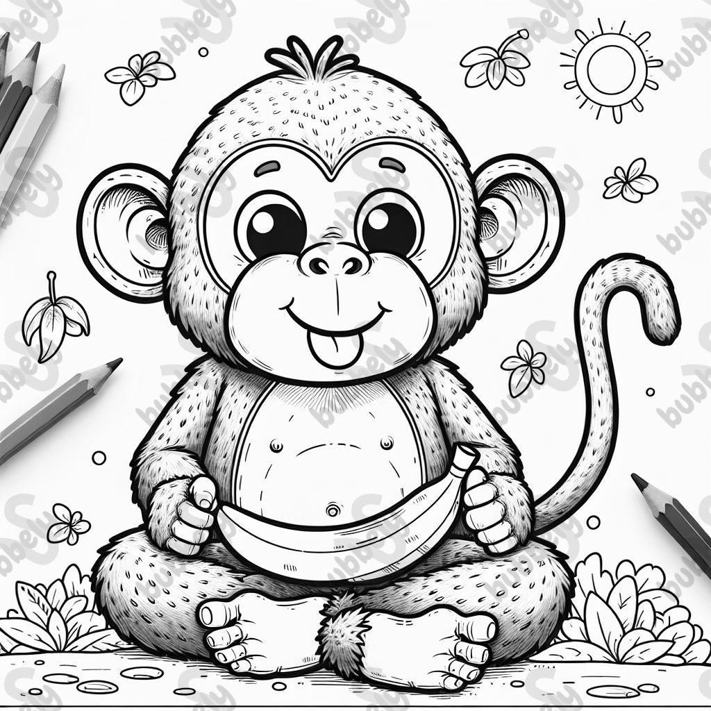 Ein großer Affe mit Banane im Schneidersitz. 