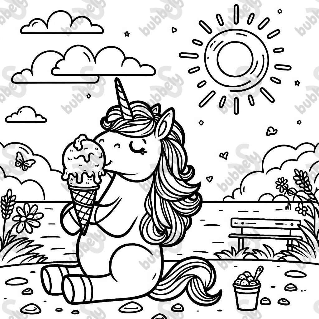 Ein Einhorn, dass in der Sonne ein Eis genießt 