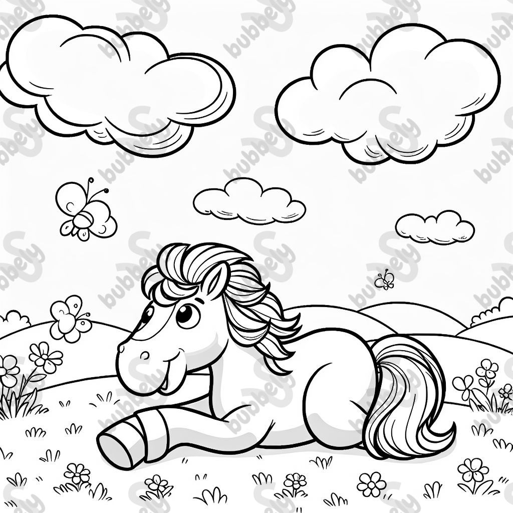 Ein pferd, dass auf der Wiese liegt und die Sonne genießt 