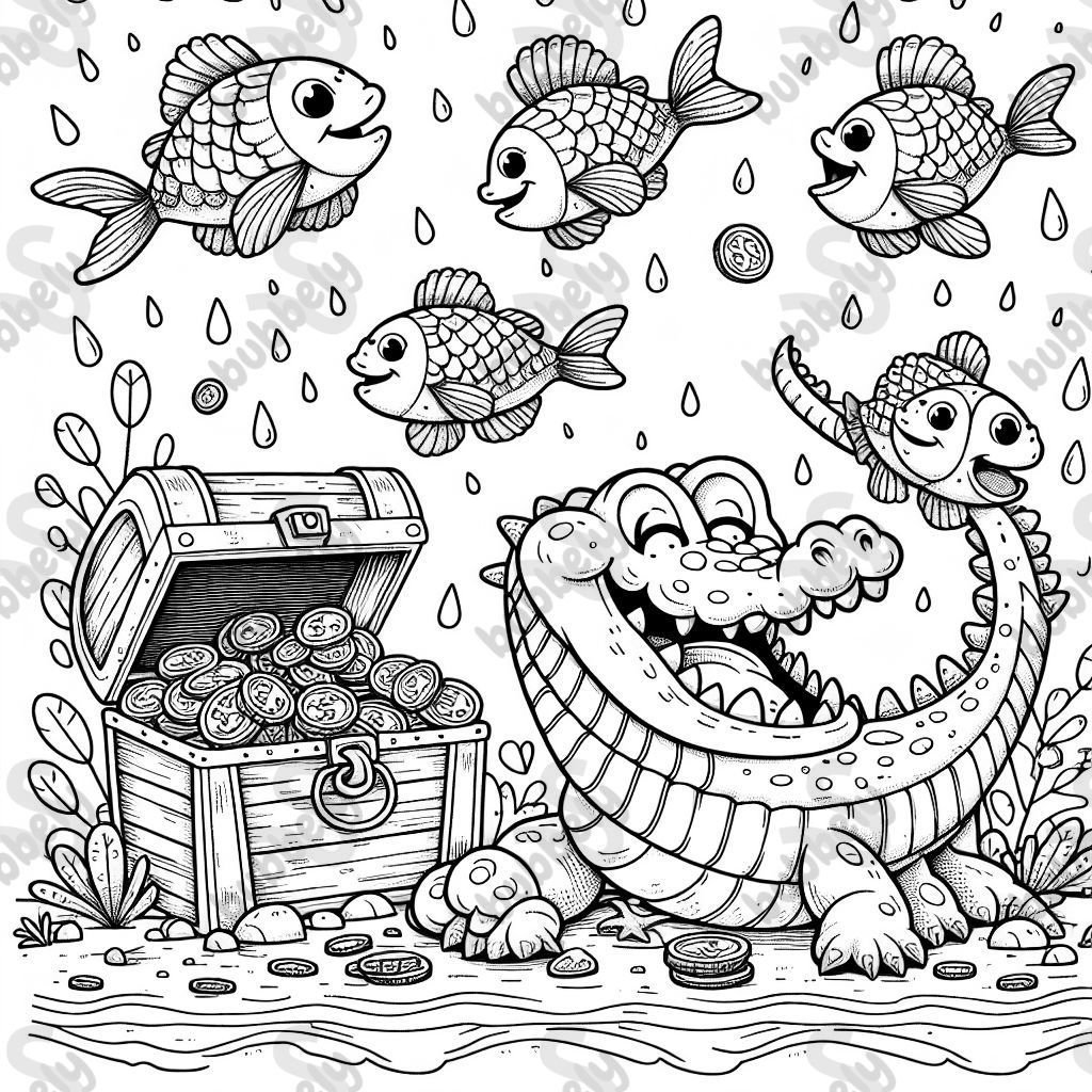 Ein Krokodil mit Babys und Fischen und einer offenen Schatztruhe mit Goldmünzen