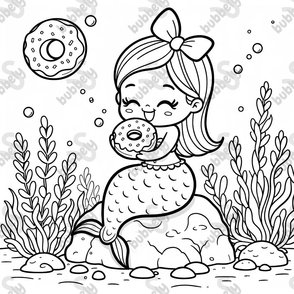 mermaid sitting on rock wearing a bow eating a donut