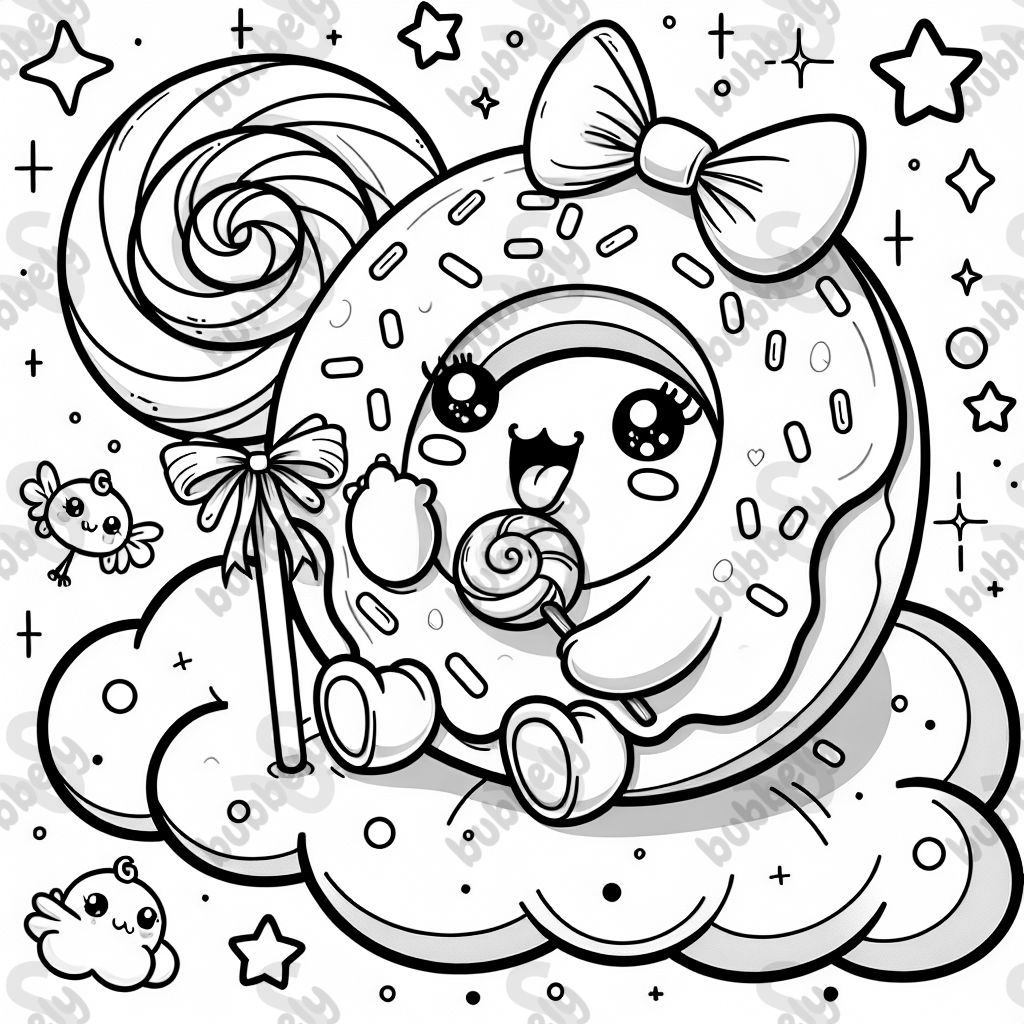 donut eating lollipop with bow sitting on a cloud