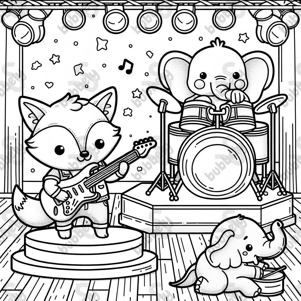 Ein Babyfuchs spielt E-Gitarre auf einer Bühne zusammen mit einem Elefanten am Schlagzeug