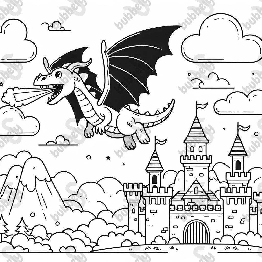 a dragon flying over a castle