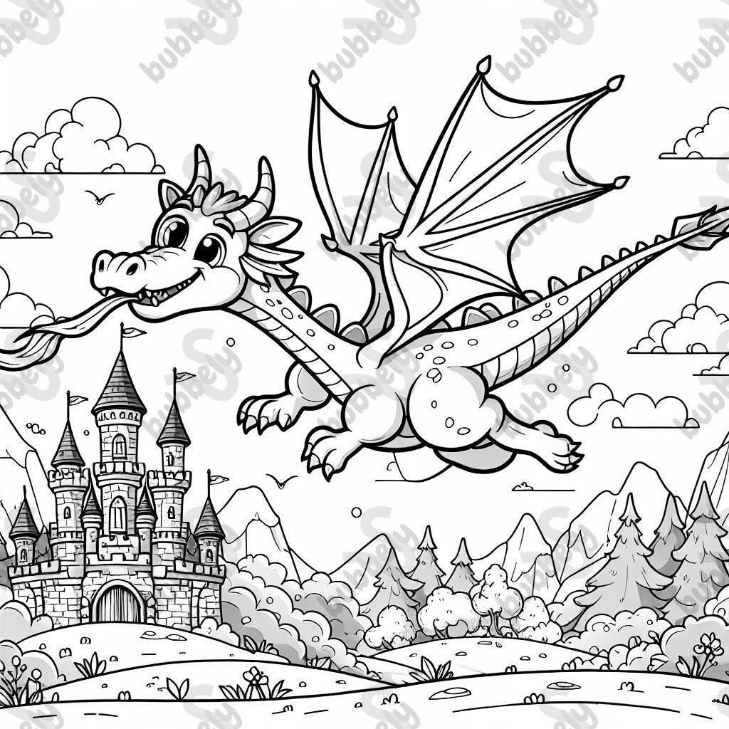 a dragon flying over a castle