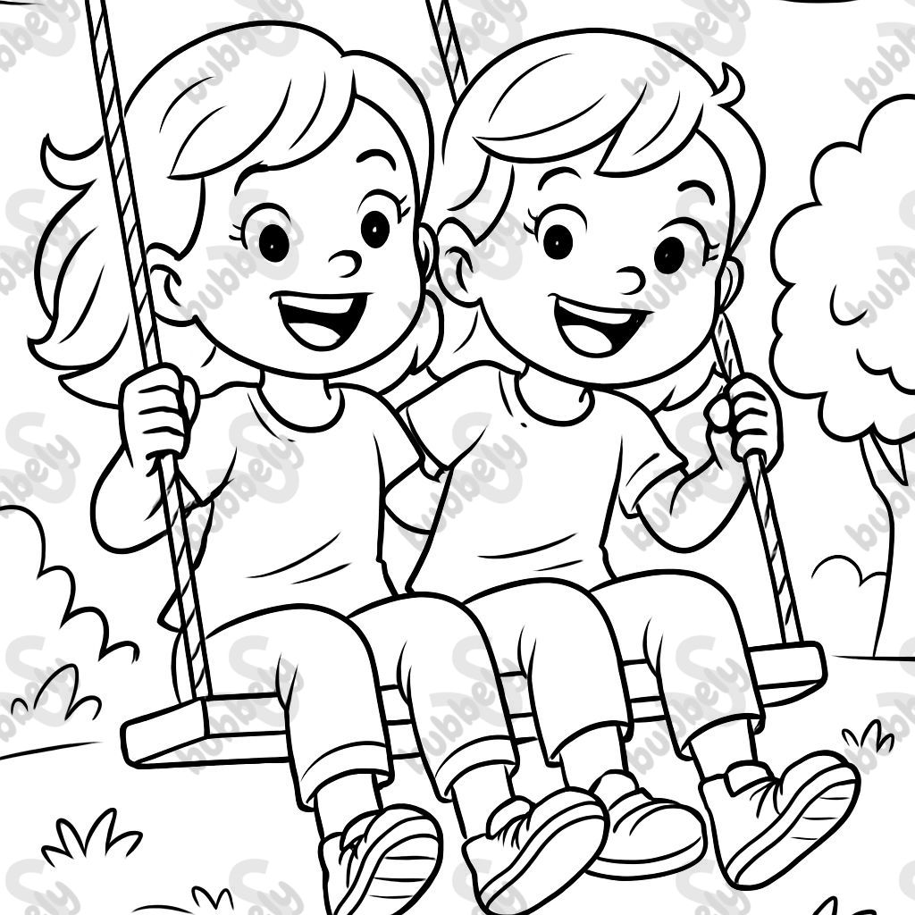Identical twin girls on a swing