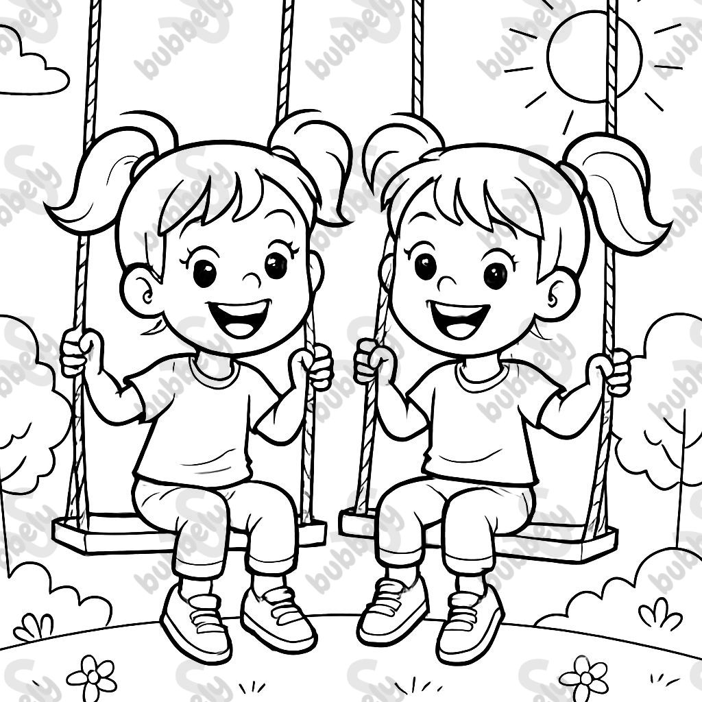 Identical twin girls on swings