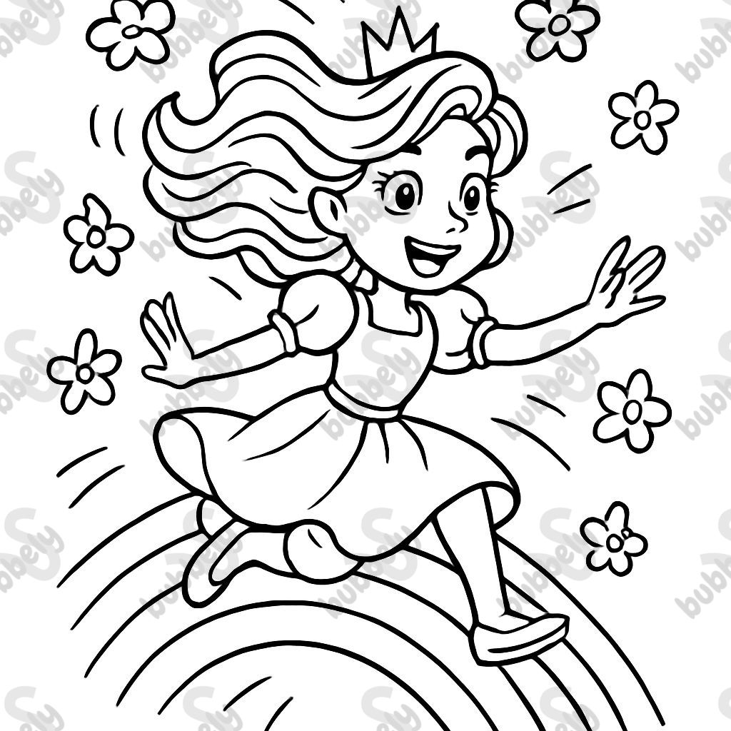 A princess on a rainbow with a beautiful wavy hairstyle surrounded by flowers in the air