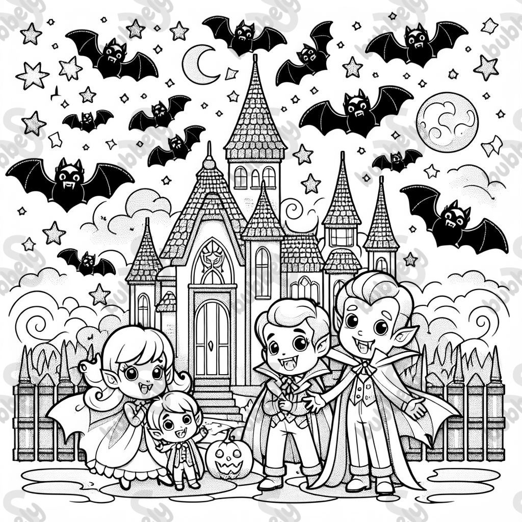 Coloring page for kids,A friendly vampire family standing outside their castle, with bats flying around, with stars and bats in the background, Halloween themed, line art, simple classic cartoon style