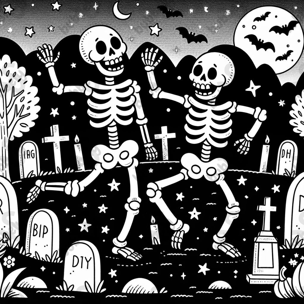 Coloring page for kids,A fun scene of two skeletons dancing in a graveyard with tombstones and trees around, with stars and bats in the background, Halloween themed, line art, simple classic cartoon style