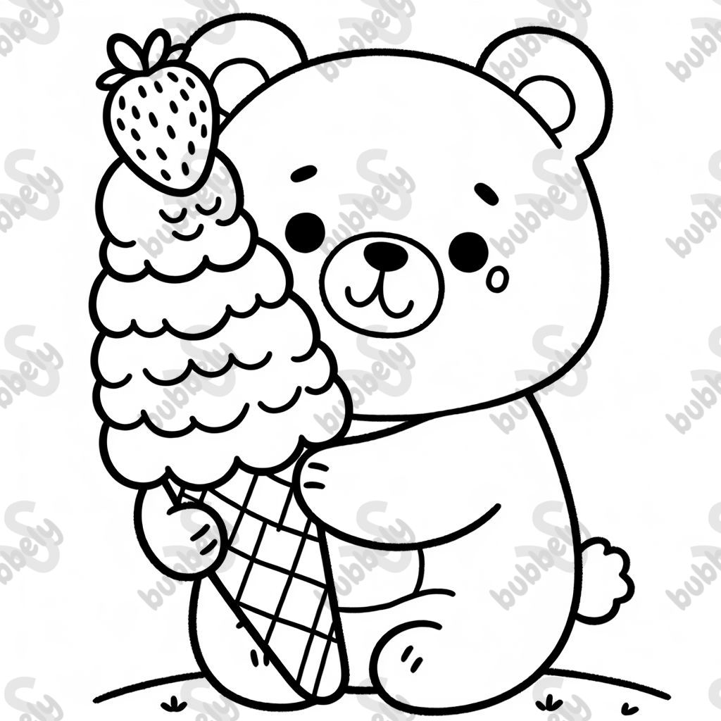 Ein Süßer Bär mit einem Waffeleis mit drei Kugeln und Erdbeeren