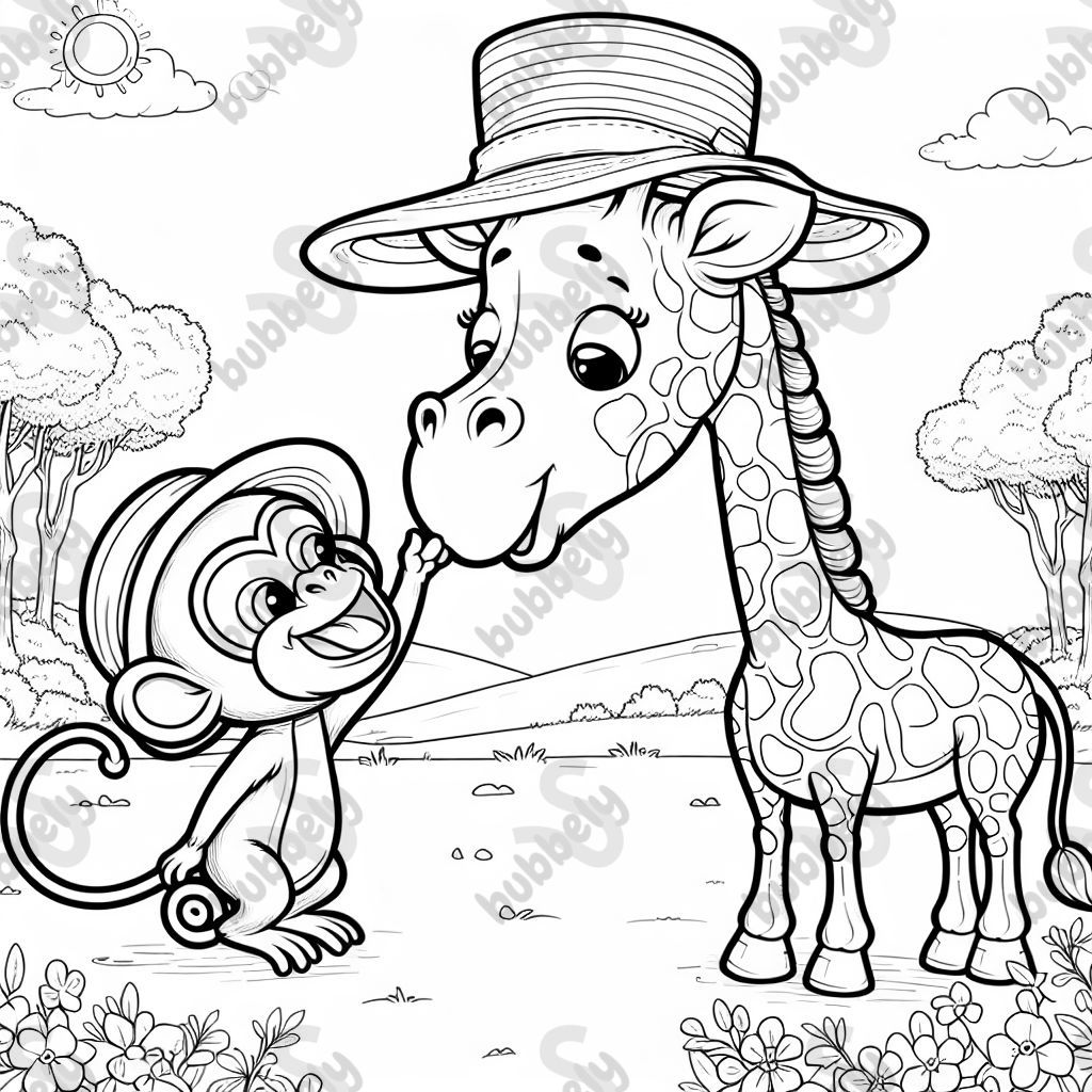 giraffe in a hat kissing a monkey