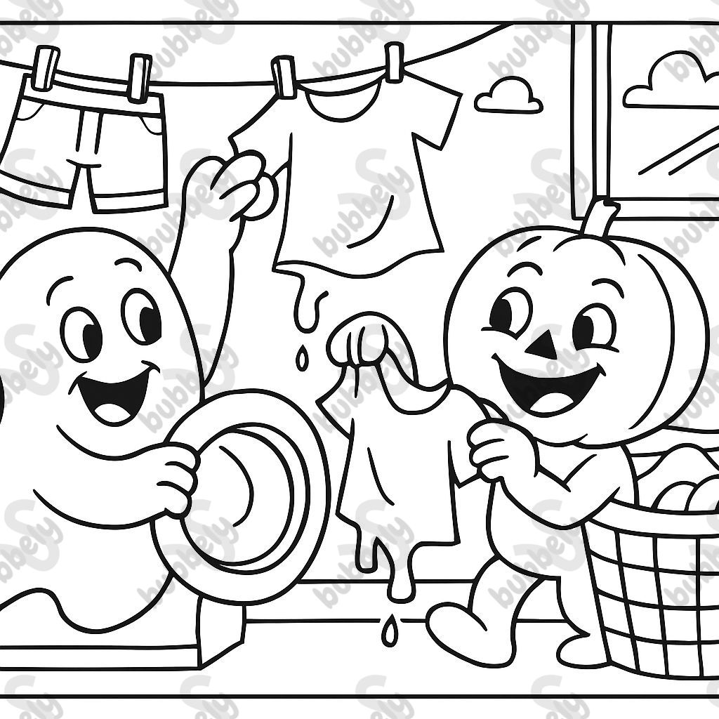 ghost and pumpkin doing laundry