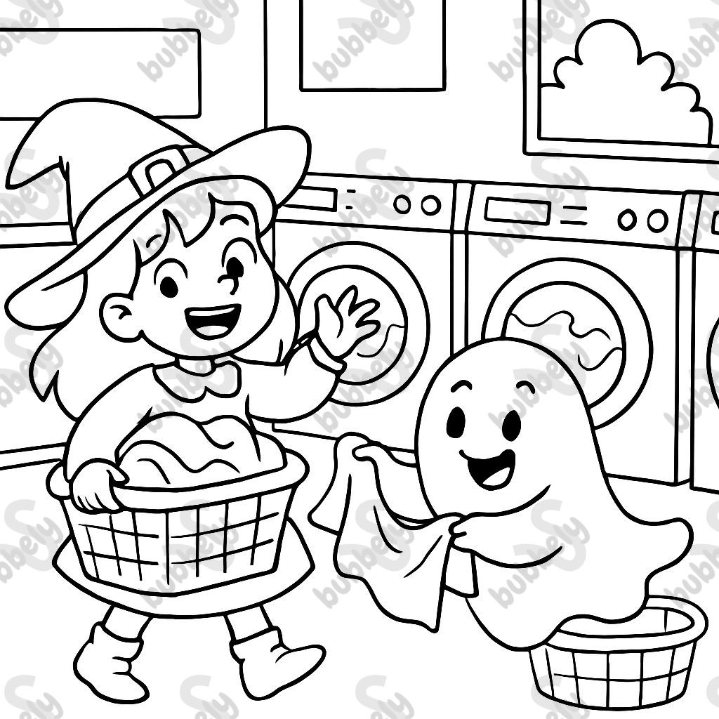 Witch and ghost doing laundry at laundromat. Witch and ghost doing laundry at laundromat.