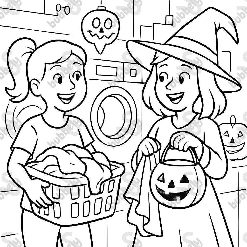 2 femmes dans une laverie le jour d'Halloween, l'une a une queue de cheval. 2 femmes dans une laverie le jour d'Halloween, l'une a une queue de cheval.