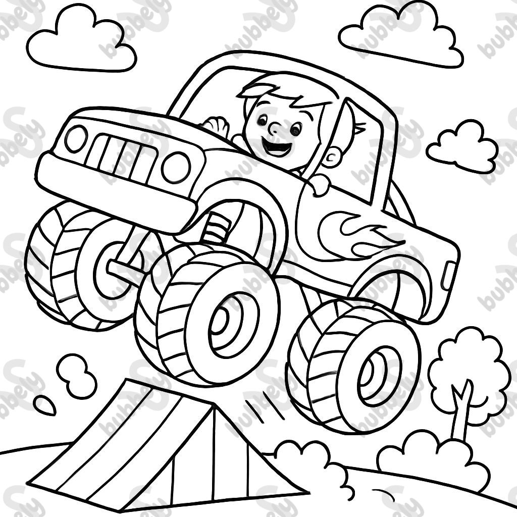 A little boy inside a monster truck jumping a ramp.