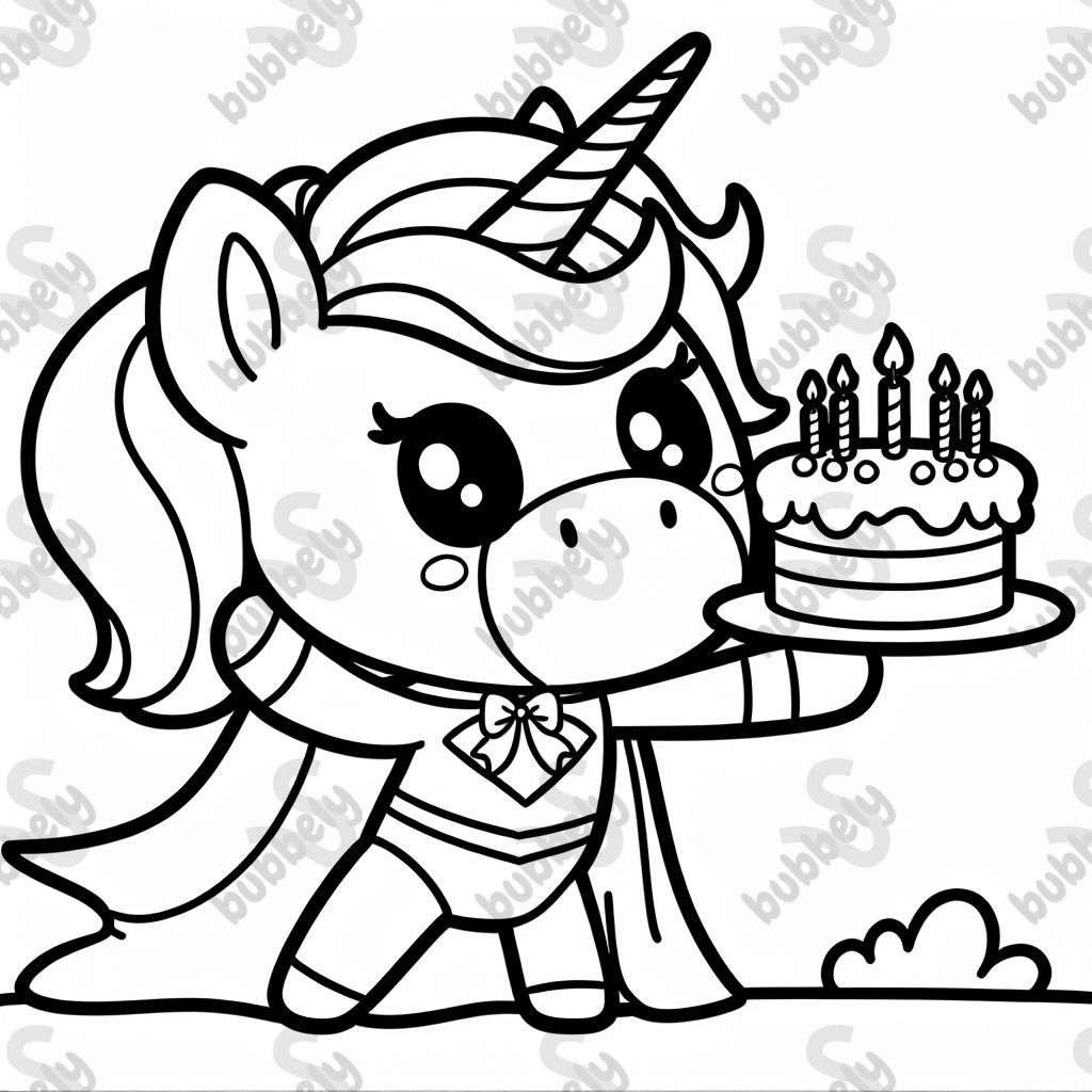 Cute Chibi Unicorn Superhero with a birthday cake side view