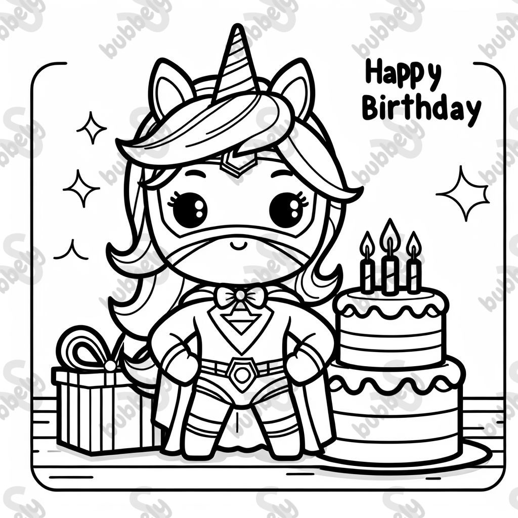 Cute Chibi Unicorn Superhero with a birthday cake