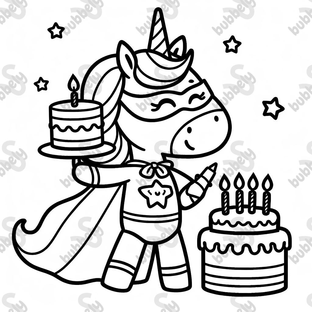 Unicorn superhero with a birthday cake in the style of my little pony animation