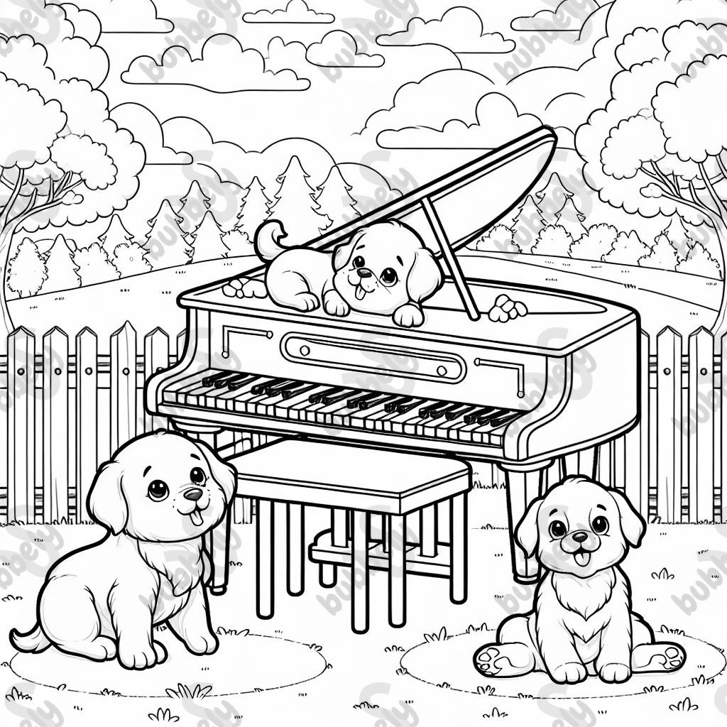 piano with puppies