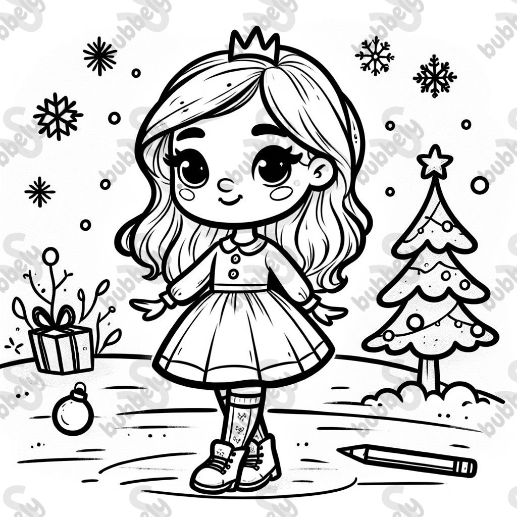 A blonde girl with medium length hair wearing a collared dress and white shoes in front of a Christmas themed background