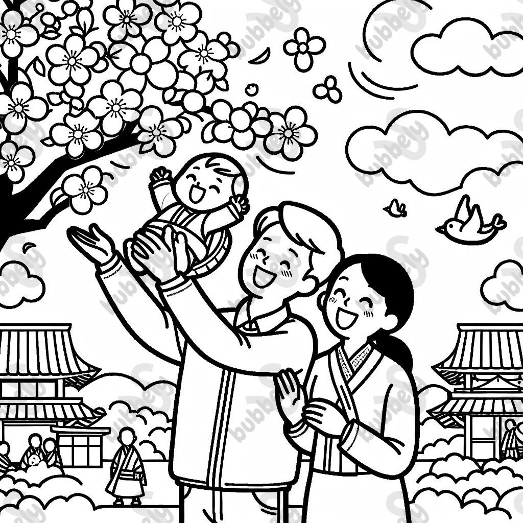 Parents holding baby boy under a sakura tree
