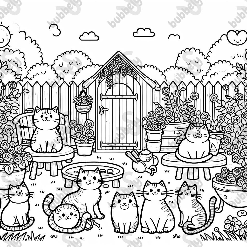 6 cats in a garden