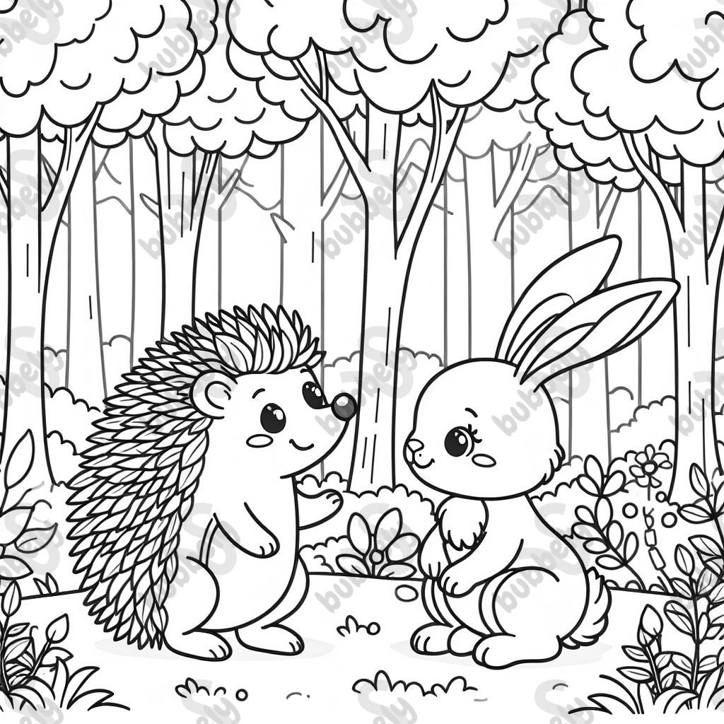 1 hedgehog and 1 bunny in a forest