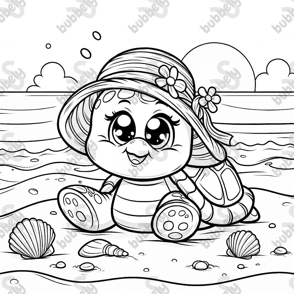 Eine Schildkröte mit großen Augen Sonnenhut am Strand