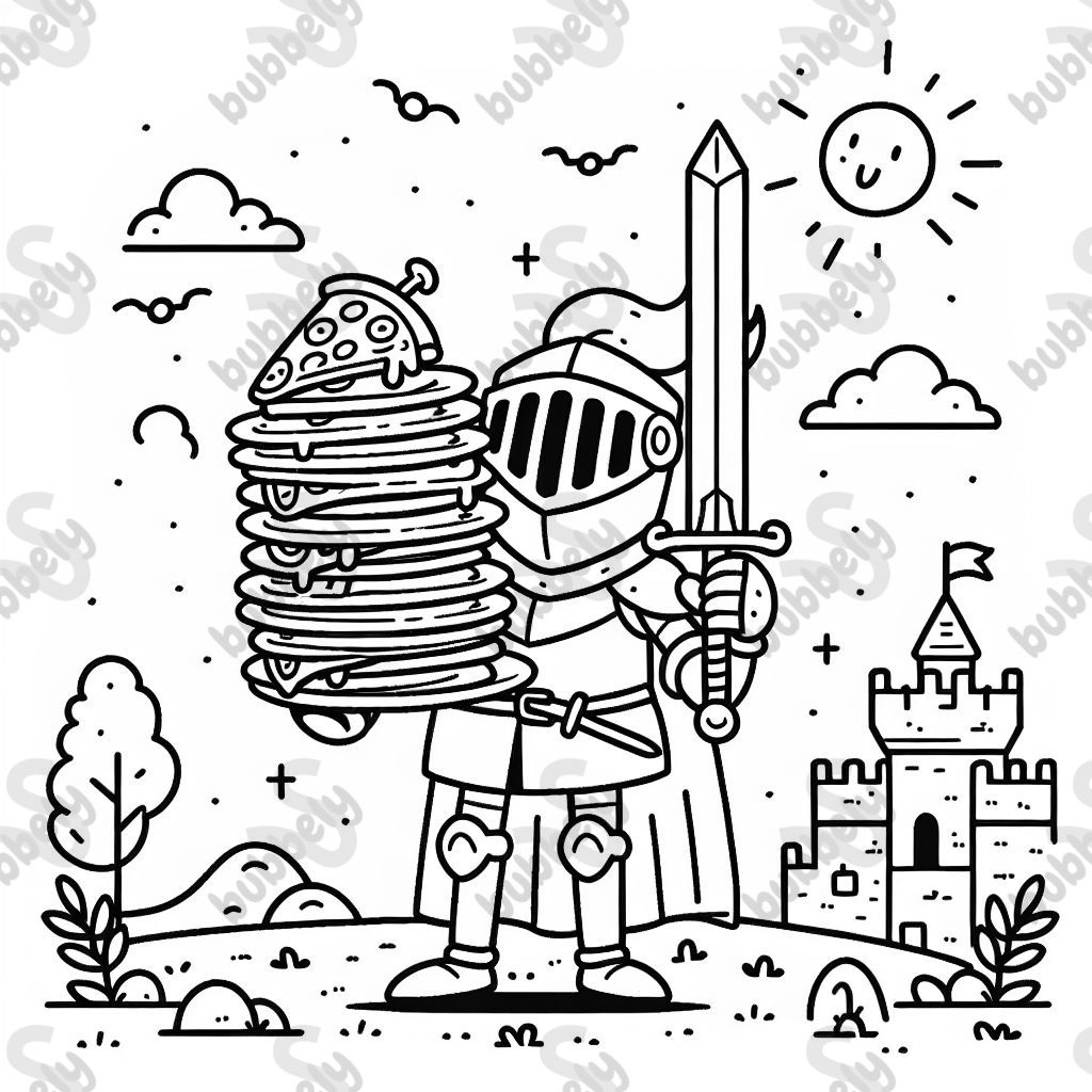 A knight with a sword and a lot of pizza.