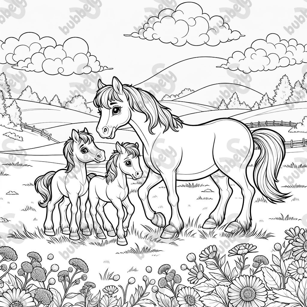 Horse family in meadow