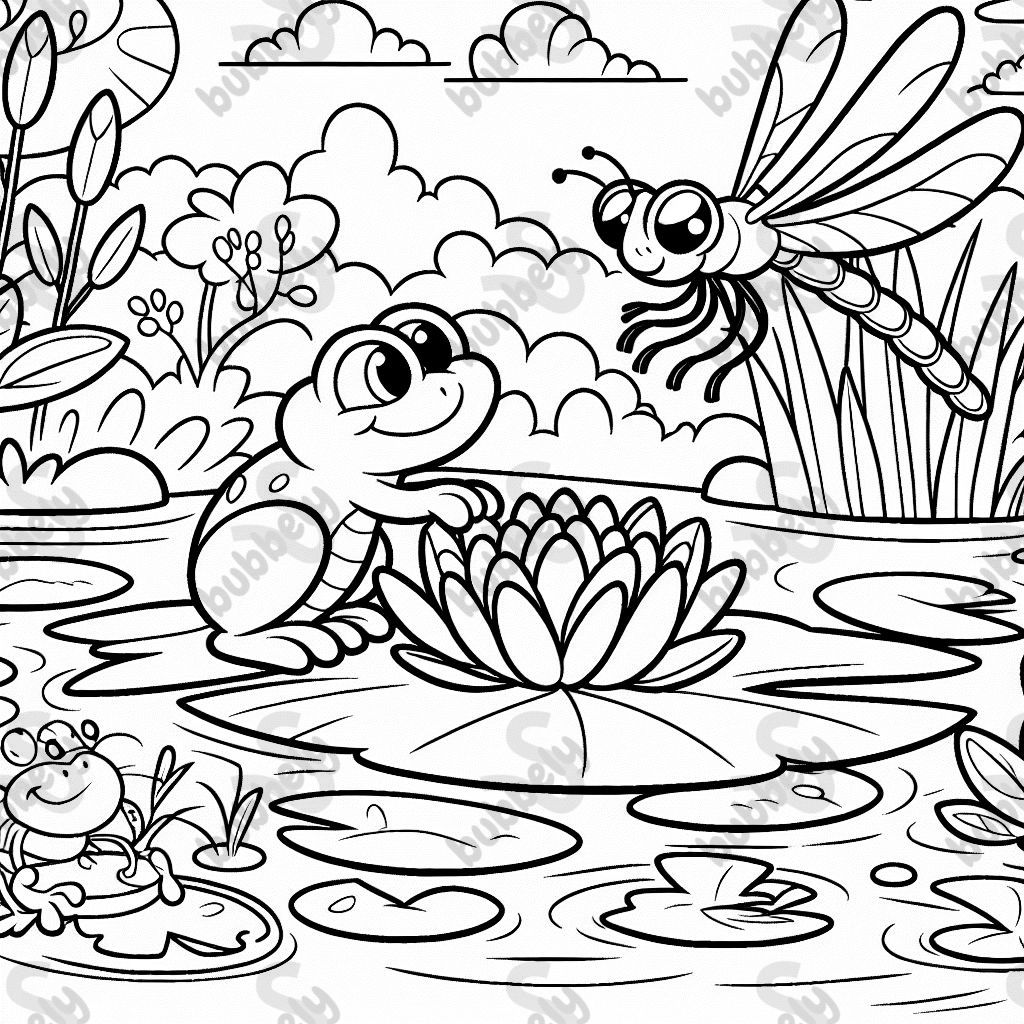 Dragonfly and frog on lily pad