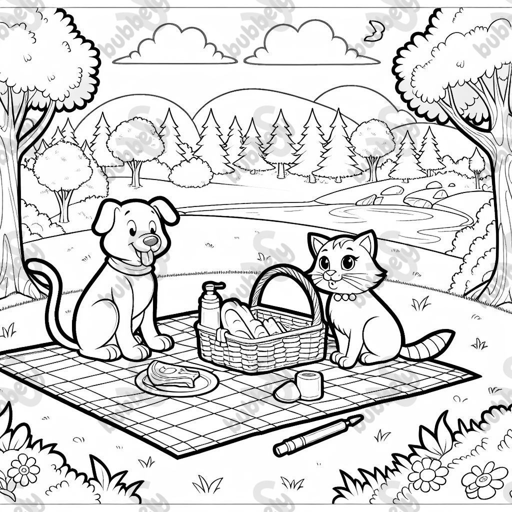 cat and dog having a picnic at the park