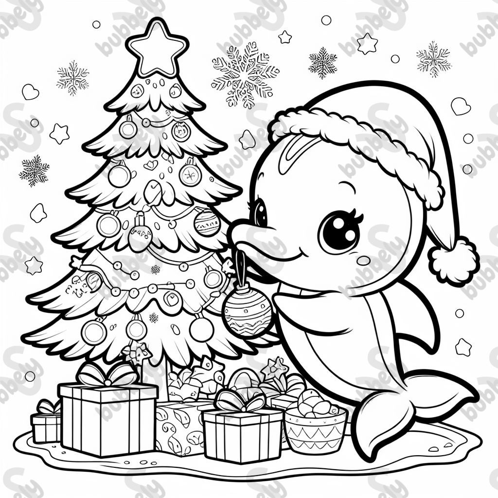 Dolphin decorating a xmas tree with the name Stella underneath