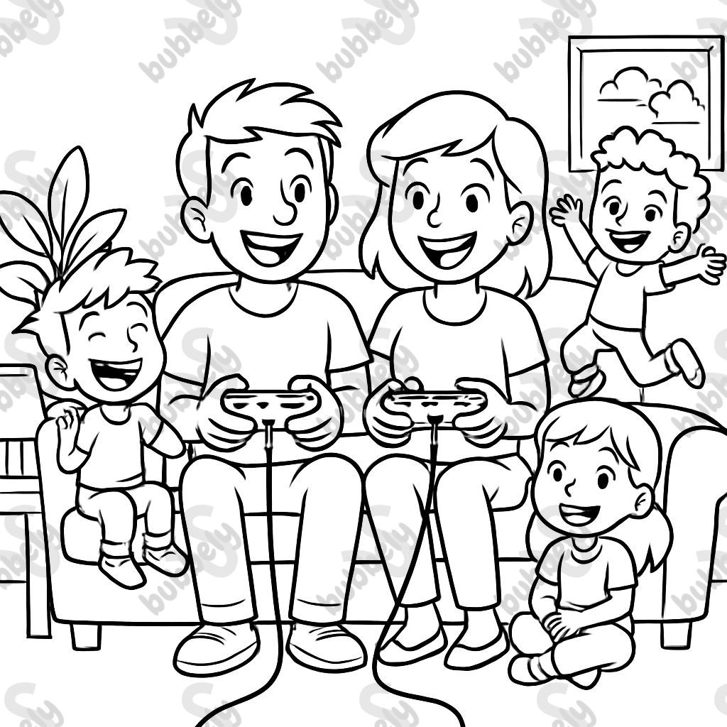 couple playing video games on the couch with 3 children