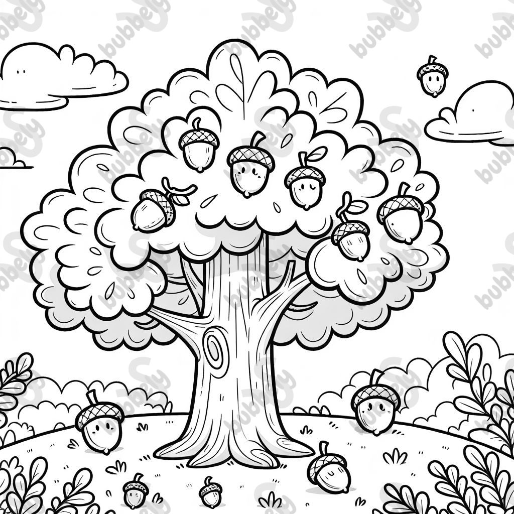  A happy oak tree with acorn friends