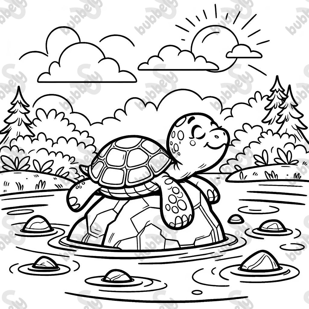 Turtle sunning on a rock in a pond