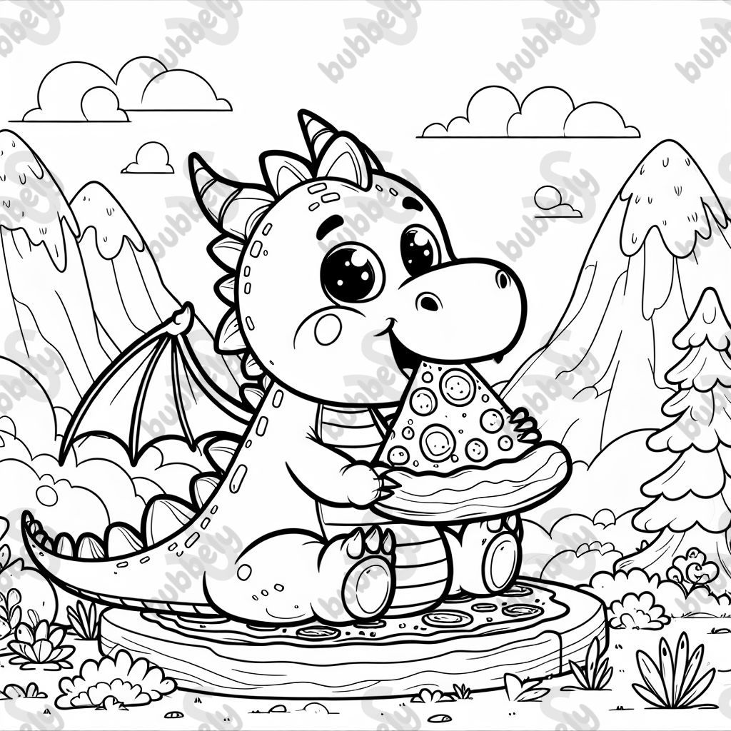 Dragon eating pizza