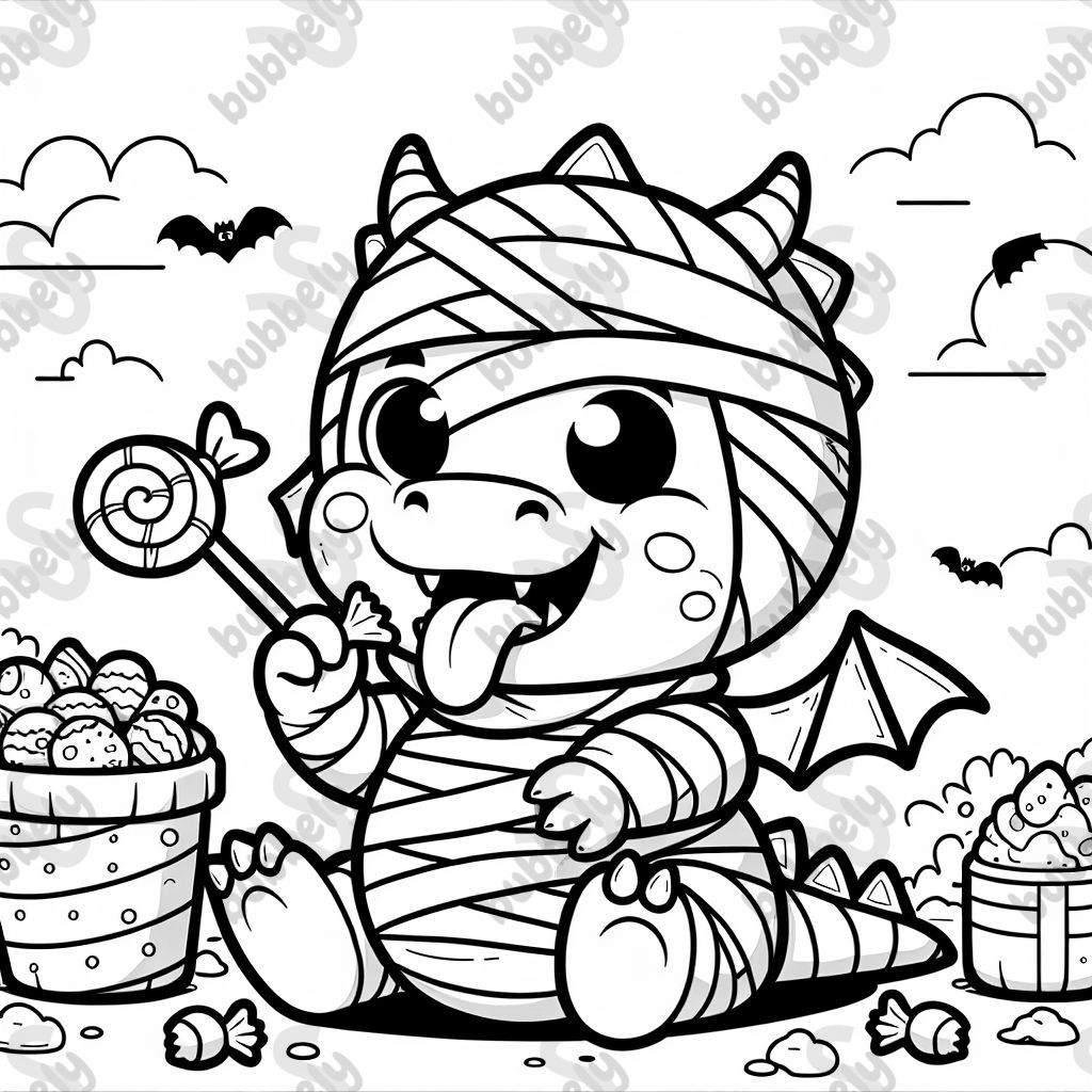 a dragon dressed as a mummy eating candy