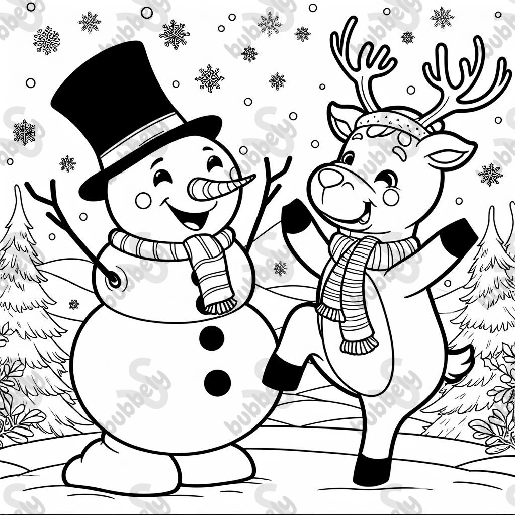 a snowman dancing with a reindeer
