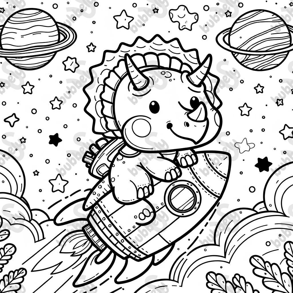 a triceratops riding a rocket to space
