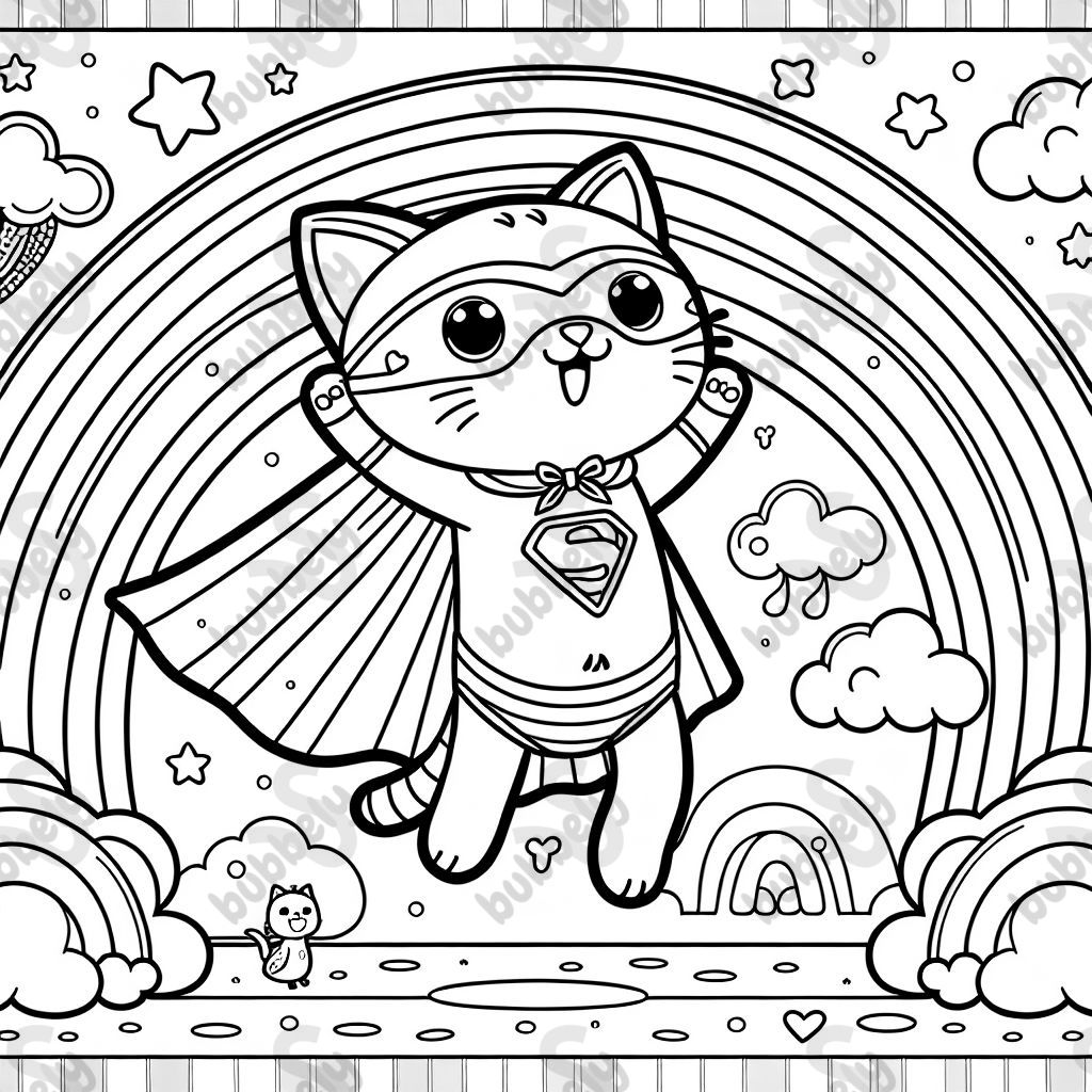 a superhero kitten flying under a rainbow