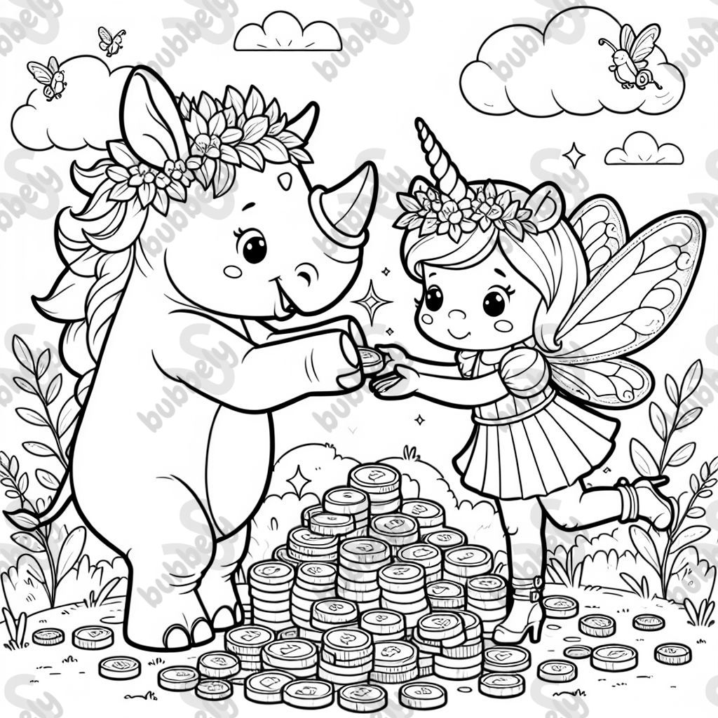 a rhinoceros taking  gold from a unicorn fairy
