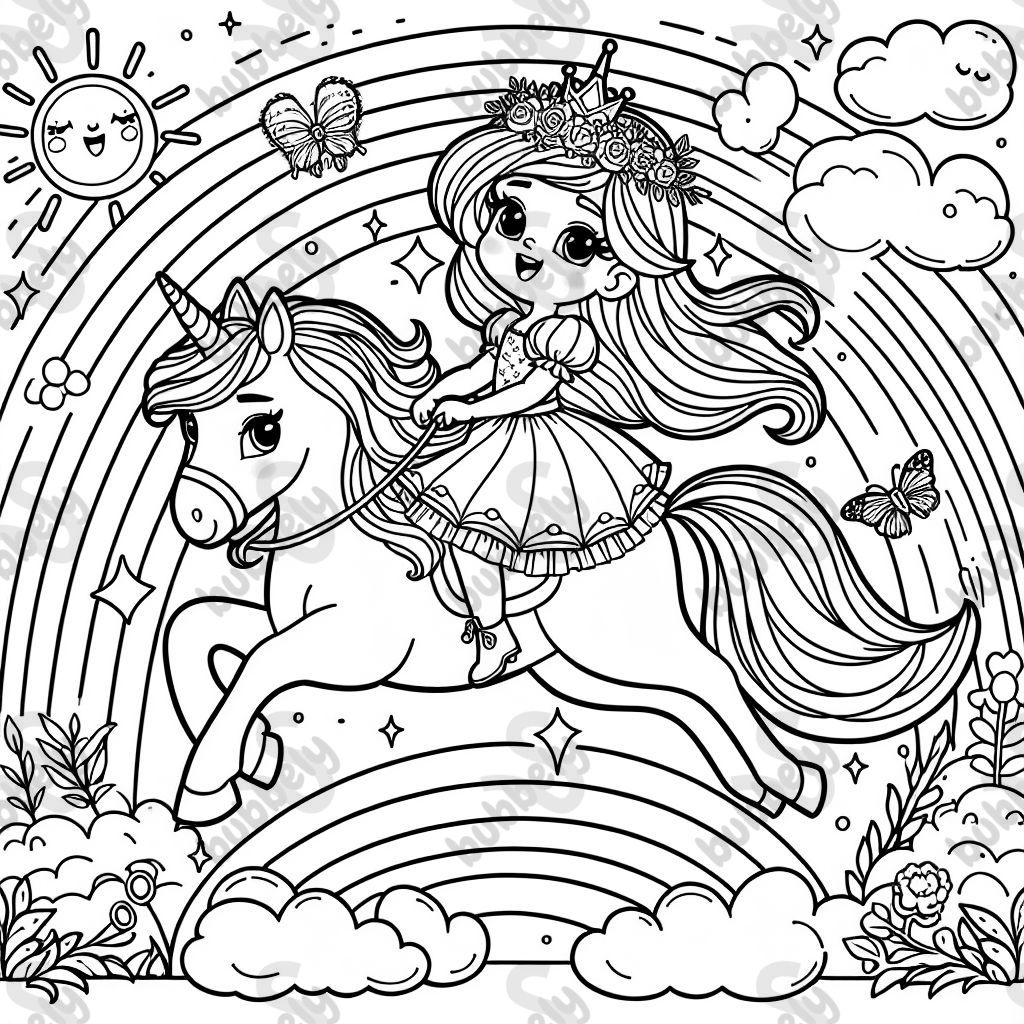 a princess riding a unicorn over a rainbow