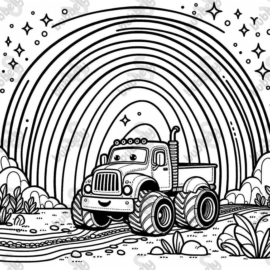 a monster truck driving over a rainbow