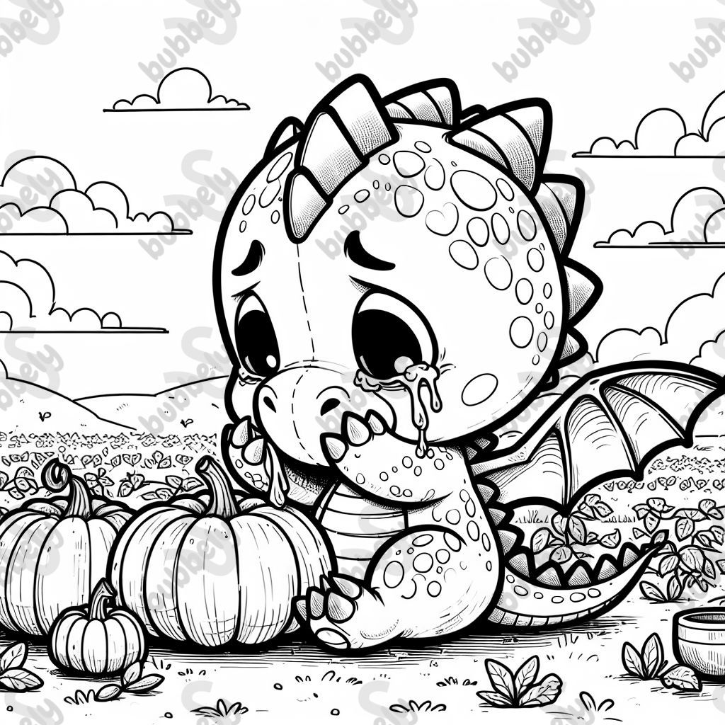 a crying dragon at a pumpkin patch