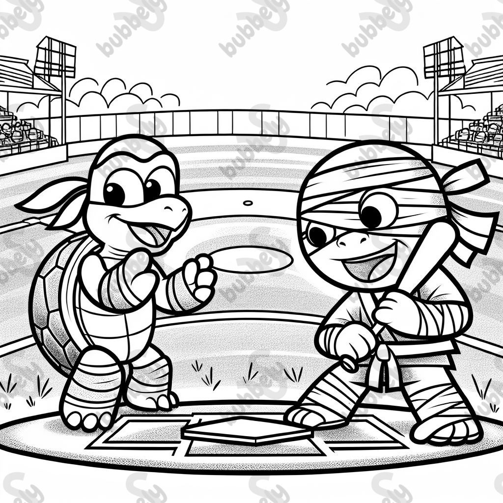 a ninja turtle fighting with a mummy on a baseball field