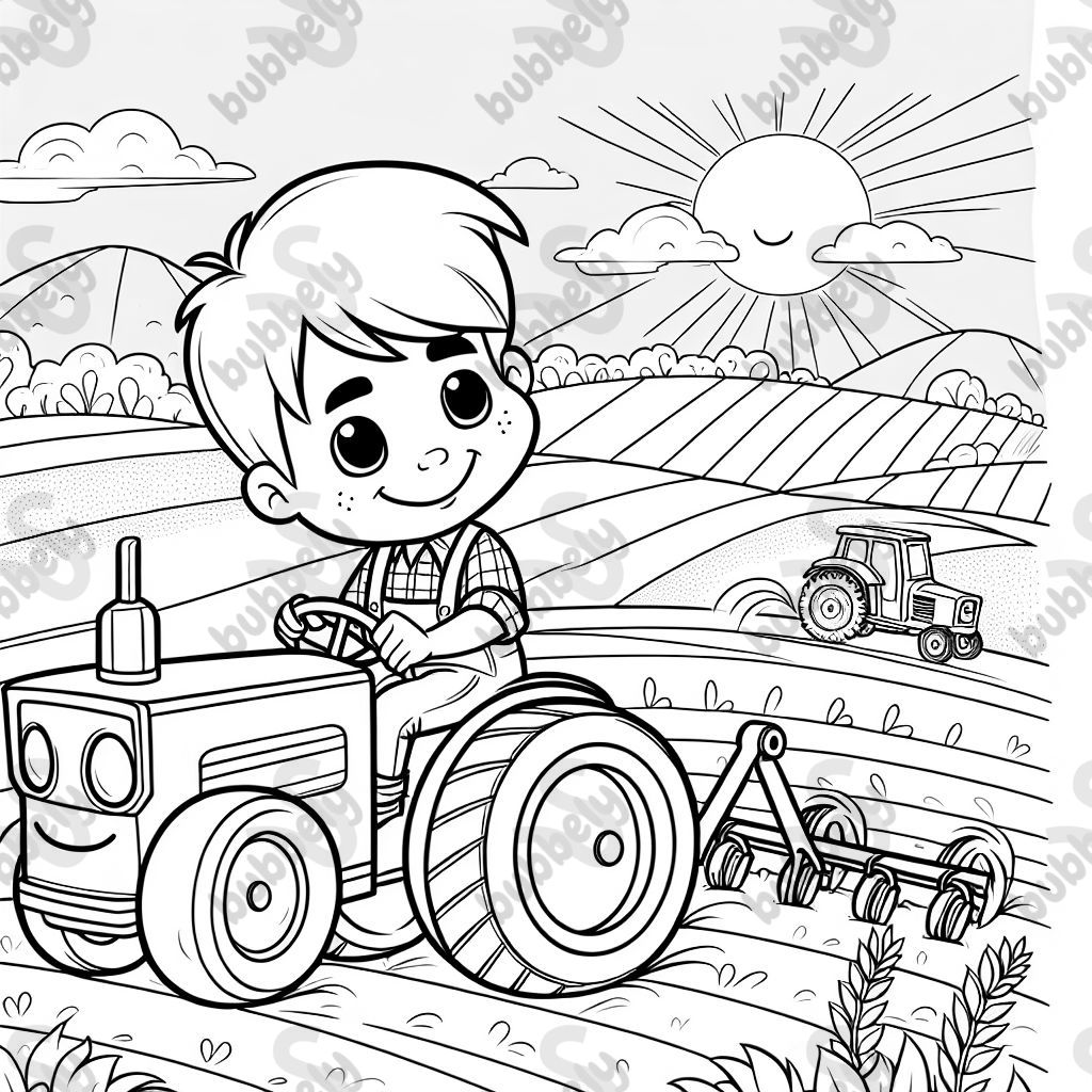 a tractor ploughing a field with a boy driving 